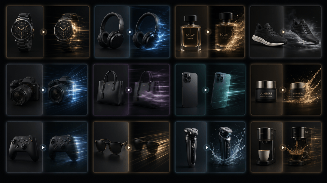 Multiple product photos arranged in a grid pattern, each subtly glowing and transforming into video frames simultaneousl
