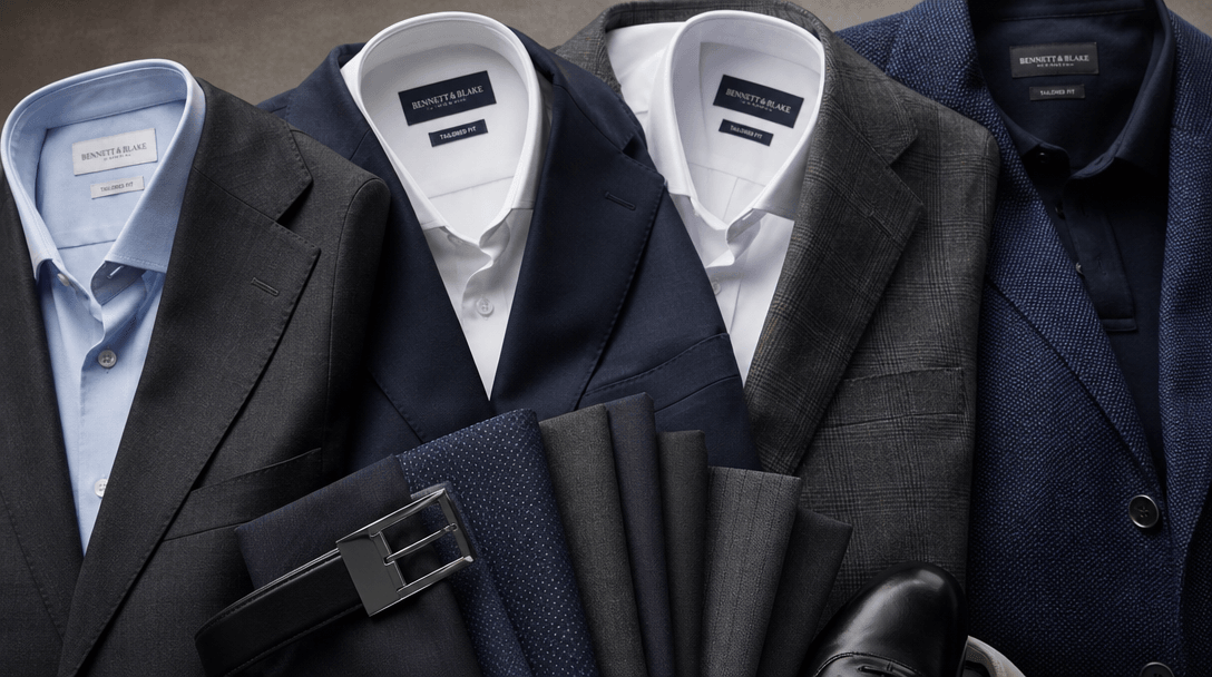 Array of professional suit jackets, dress shirts, and business attire arranged artfully. Modern textile photography with