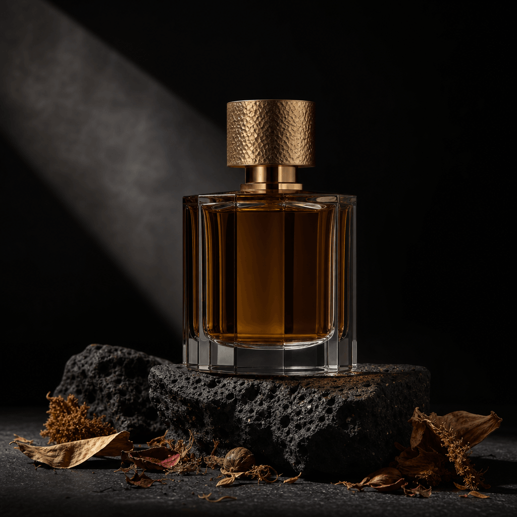 A premium perfume bottle resting on dark volcanic stone, scattered dried botanicals and petals around the base, dramatic