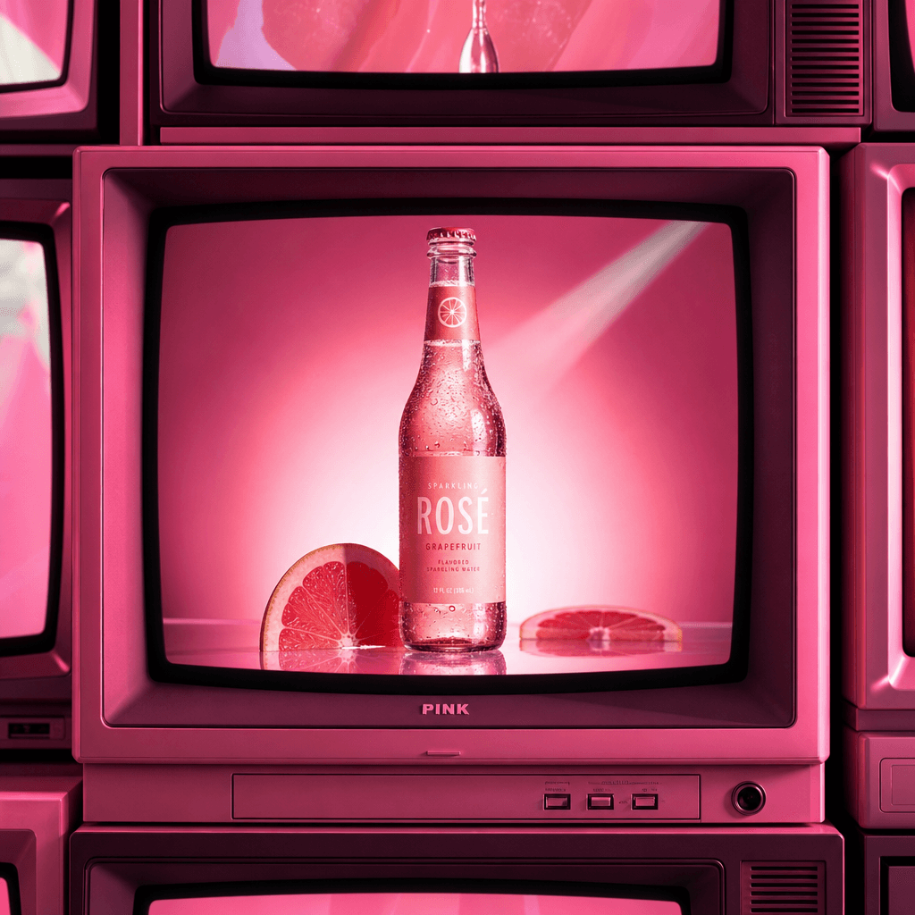 Beverage showcase on pink TV wall—sleek bottle or glass displayed with dynamic lighting. Neon pink and magenta backlight
