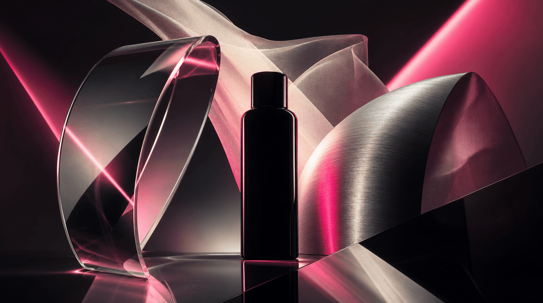 Abstract cinematic arrangement of several distinct optical materials surrounding one central product silhouette: curved