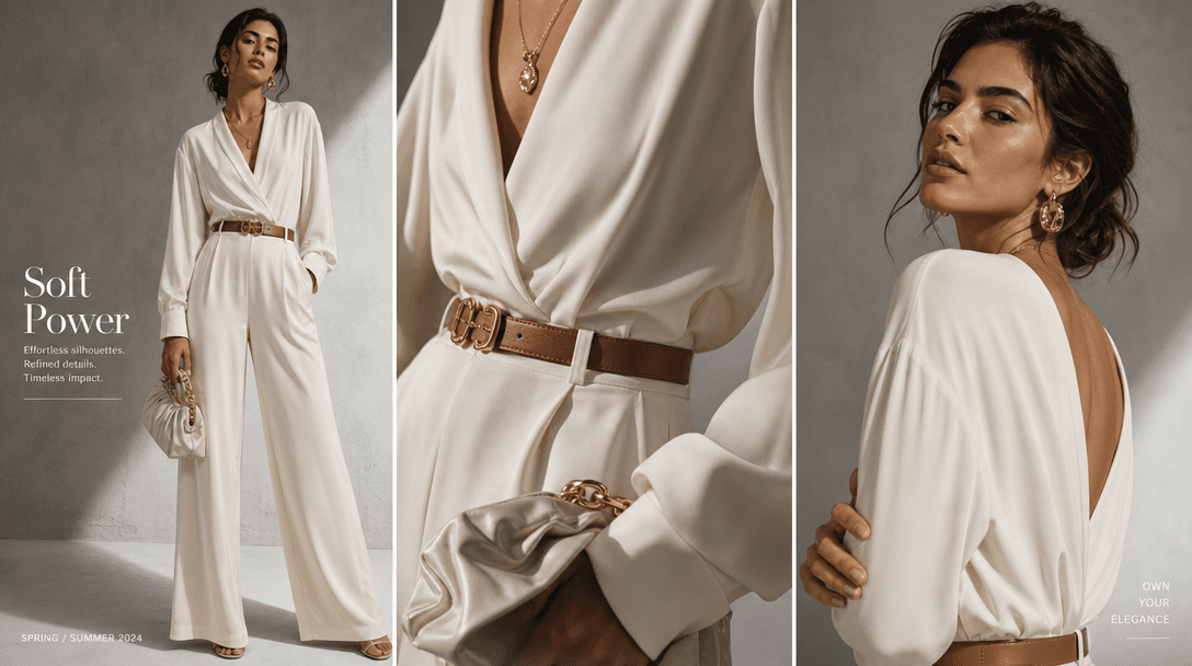 Single fashion model posing in three distinct editorial frames: full outfit reveal, detail close-up, and confident final