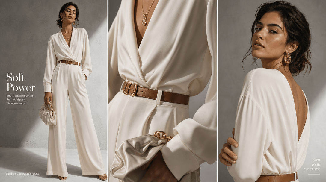 Single fashion model posing in three distinct editorial frames: full outfit reveal, detail close-up, and confident final