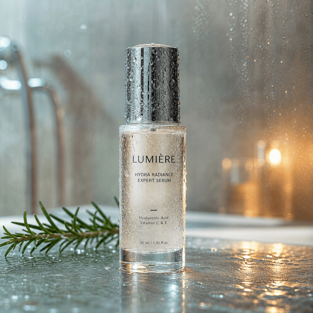 Premium skincare glass bottle with water beads and reflections, shower steam background, 1:1 square, professional produc