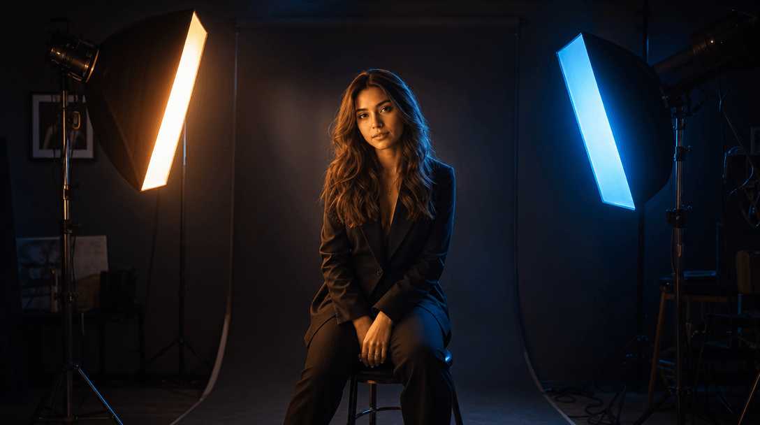 Professional studio lighting rig with soft boxes creating warm and cool key lights for dimensional headshot photography.