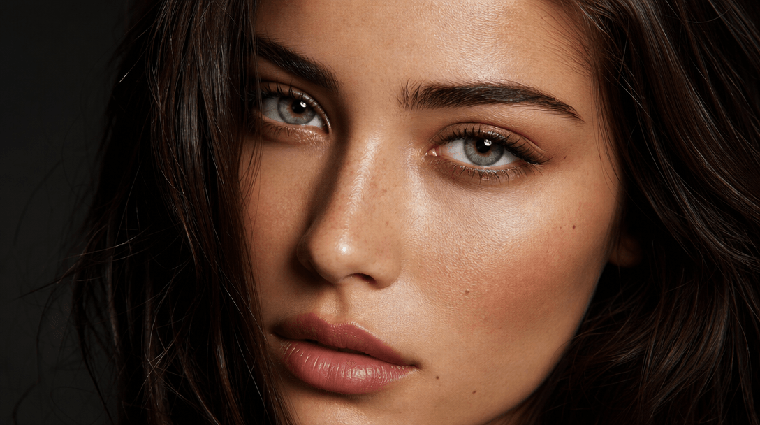 Extreme close-up macro detail of a high-resolution professional portrait: sharp texture on skin, perfect tones, studio-g