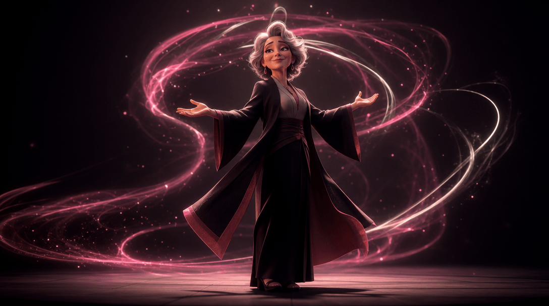 Wide cinematic scene. A single expressive animated character stands on a minimalist dark stage, mid-gesture with arms op