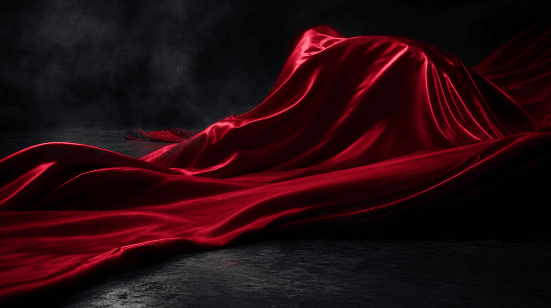 Expansive crimson satin rolling across a near-black studio floor like a controlled wave, cinematic dark editorial lighti