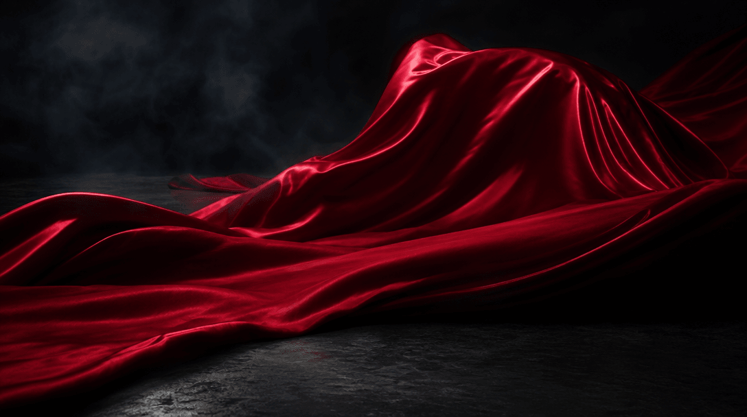 Expansive crimson satin rolling across a near-black studio floor like a controlled wave, cinematic dark editorial lighti