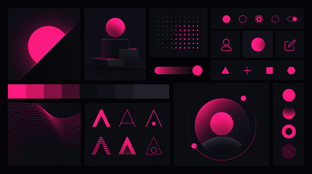 Minimalist abstract design palette visualization, hot pink accent color #FE28A7 on deep dark background #0A0A0F, clean g