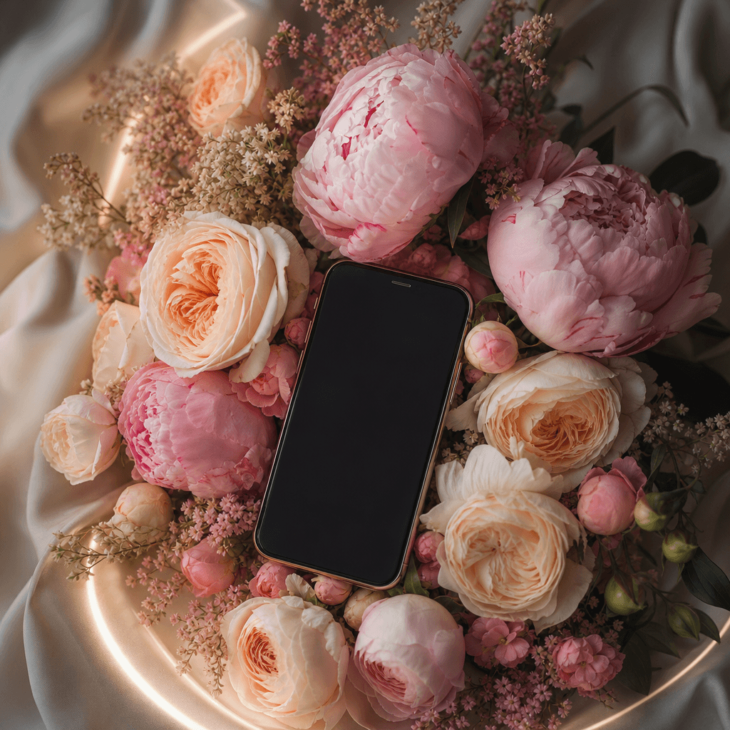 A soft pastel Mother's Day bouquet of peonies and garden roses arranged around a smartphone on folded cream fabric, dark
