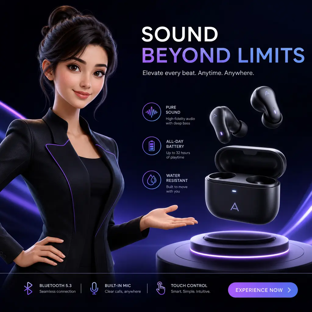 AI avatar with gesture motion, confident pose, product-focused attention direction, dynamic composition.