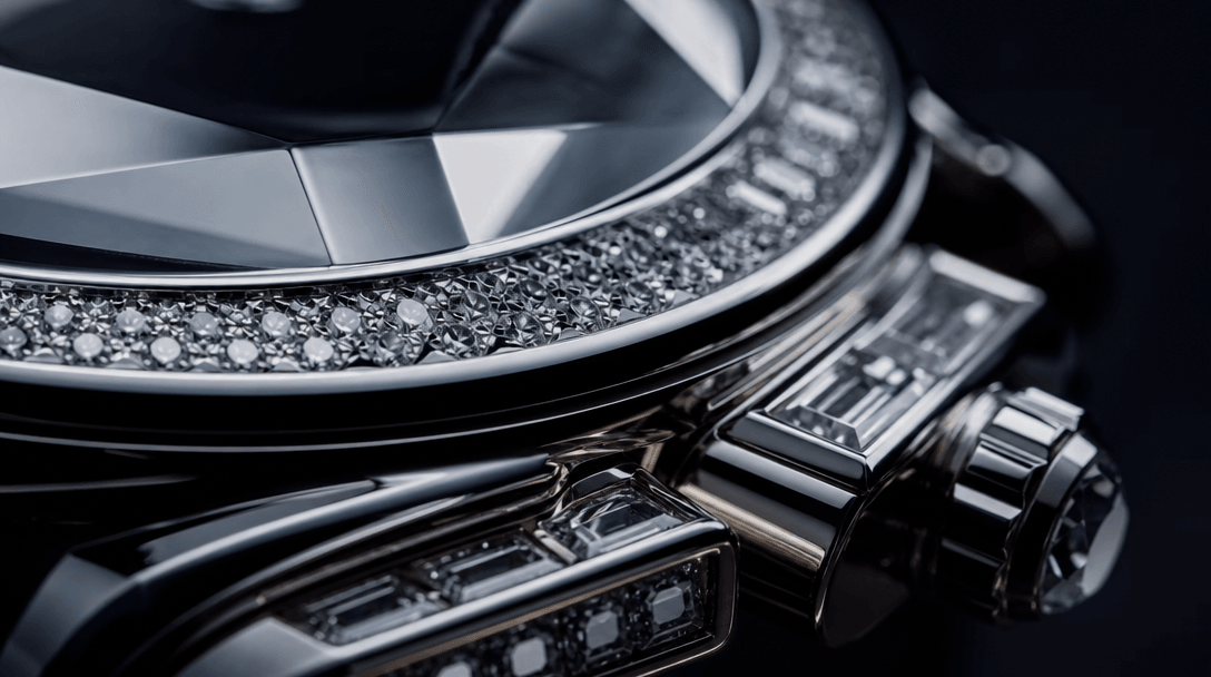 Close-up macro shot of luxury product surface (crystal, polished metal, diamond-like texture) with dramatic studio light