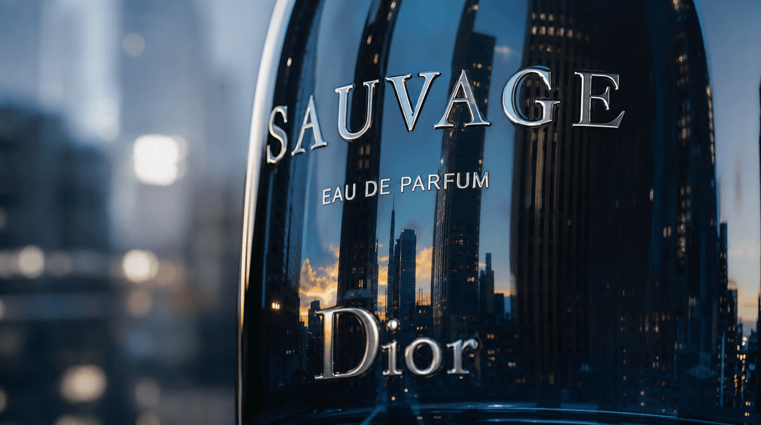 Dramatic close-up detail of giant product surface with city environment reflected in bottle material, realistic light pl