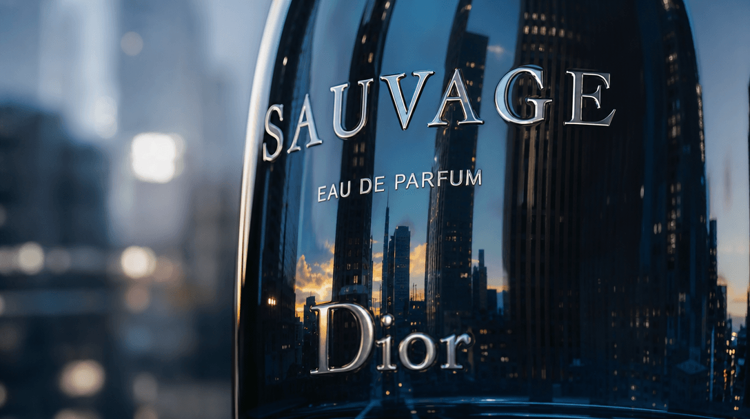 Dramatic close-up detail of giant product surface with city environment reflected in bottle material, realistic light pl