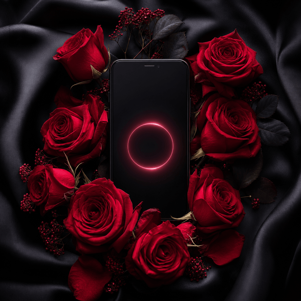 A romantic red rose bouquet curling around a black smartphone on dark satin, incoming-call visual concept expressed thro