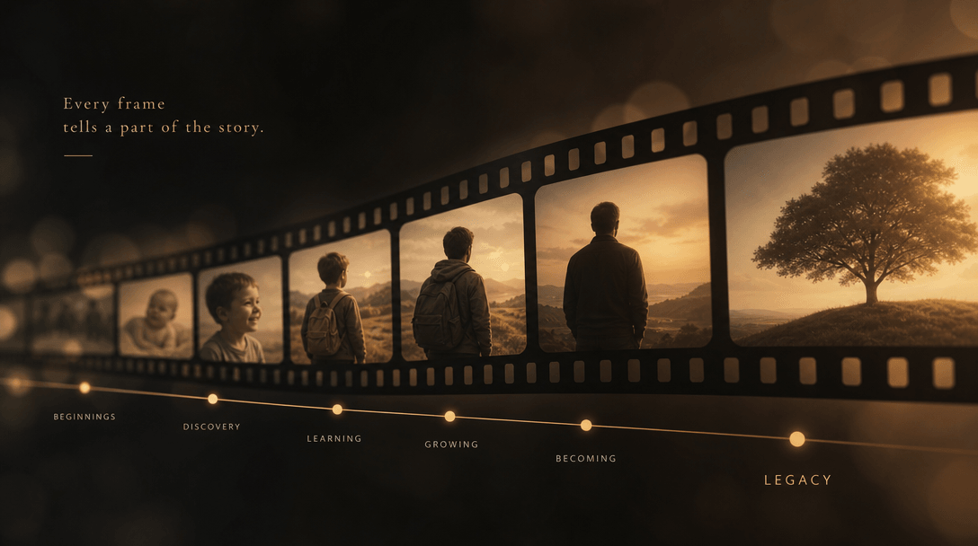 Abstract timeline concept: film strip or chronological sequence visual, soft warm color palette, bokeh light effects, da