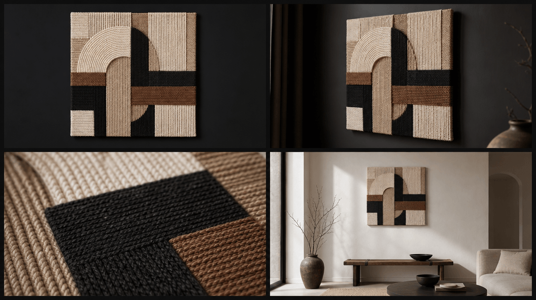 Four editorial panels showing the same geometric woven wall art piece from different perspectives — straight on full vie