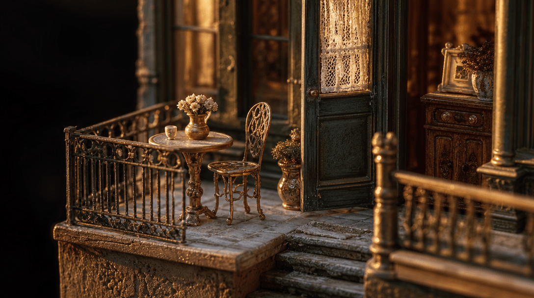 Macro photography of tiny furniture and architectural fixtures in diorama setting, warm golden-hour directional light, r