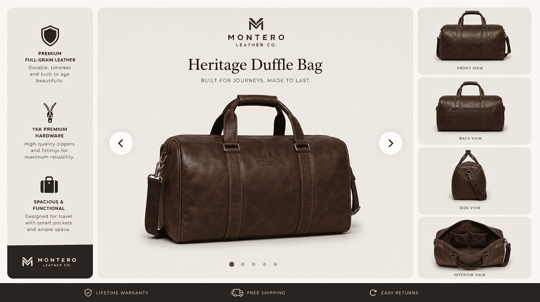 Carousel rotation animation revealing multiple product perspectives. Smooth transitions between slides, consistent brand