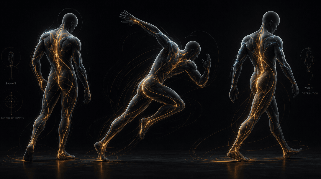 Abstract 3D character silhouette showing natural body mechanics and weight distribution, fluid motion lines flowing thro