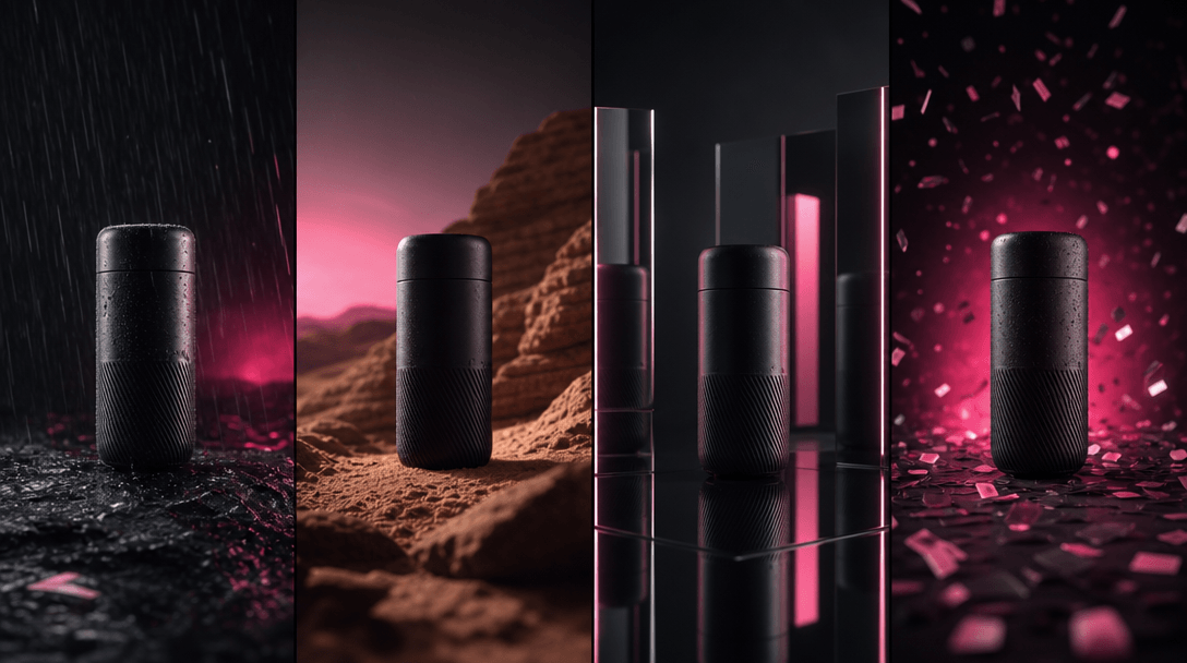 Four variations of the same unbranded product arranged across distinct miniature campaign worlds: rain, desert light, mi