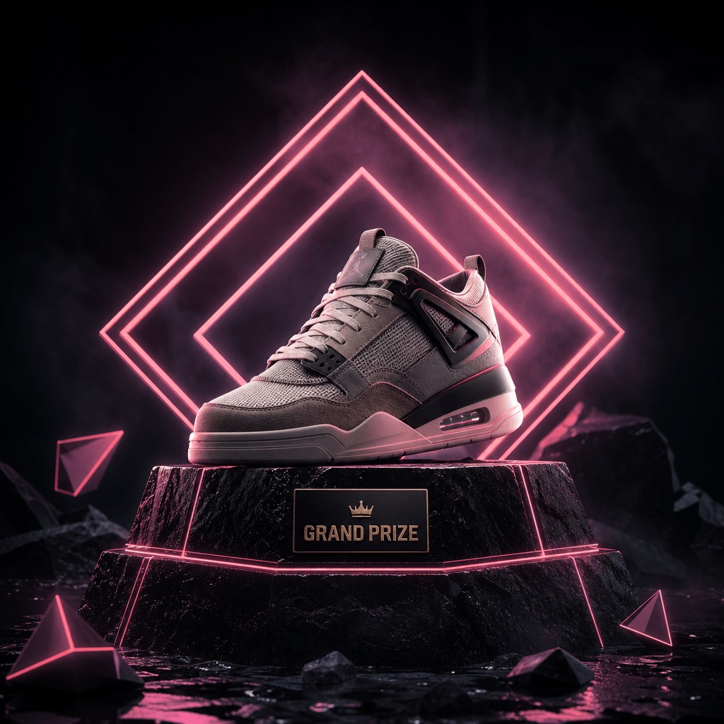 Designer sneaker positioned as grand prize, dark dramatic background, neon pink geometric shapes around it suggesting ga