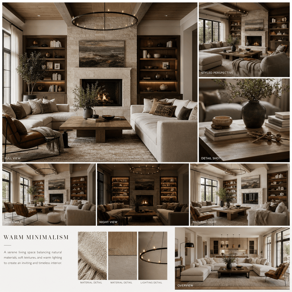 A multiview interior design sheet showing the same room or space from multiple angles: full view, detail shots, differen