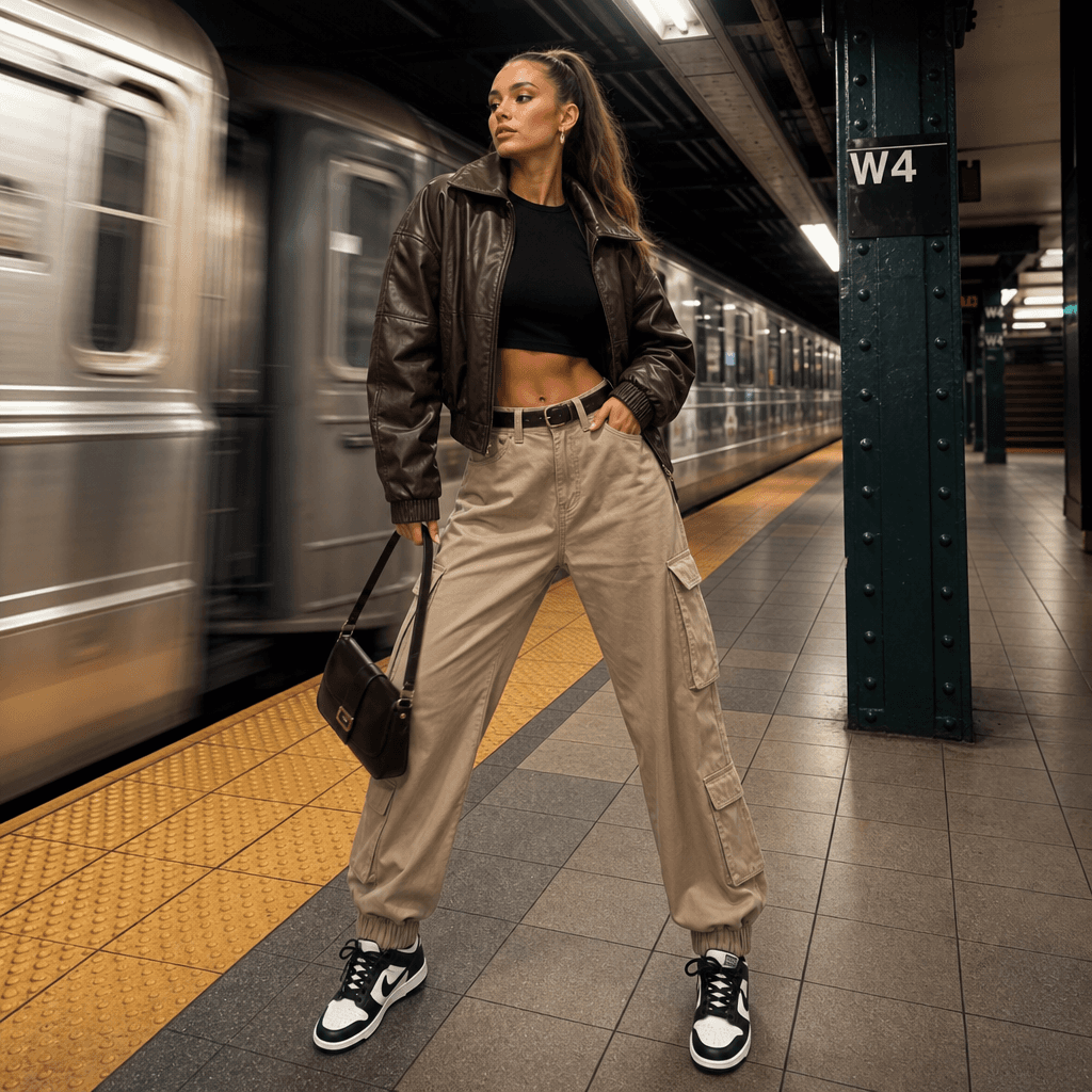 Full-body fashion shot in urban subway environment with dynamic stance. Complete outfit visible. Professional styling.