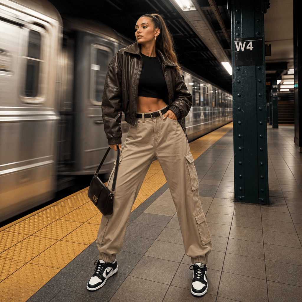 Full-body fashion shot in urban subway environment with dynamic stance. Complete outfit visible. Professional styling.