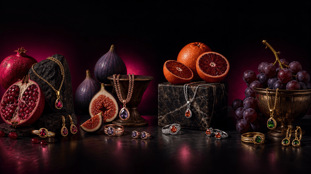 Four coordinated jewelry still-life arrangements using different fruits and metal finishes, presented as one seamless ed