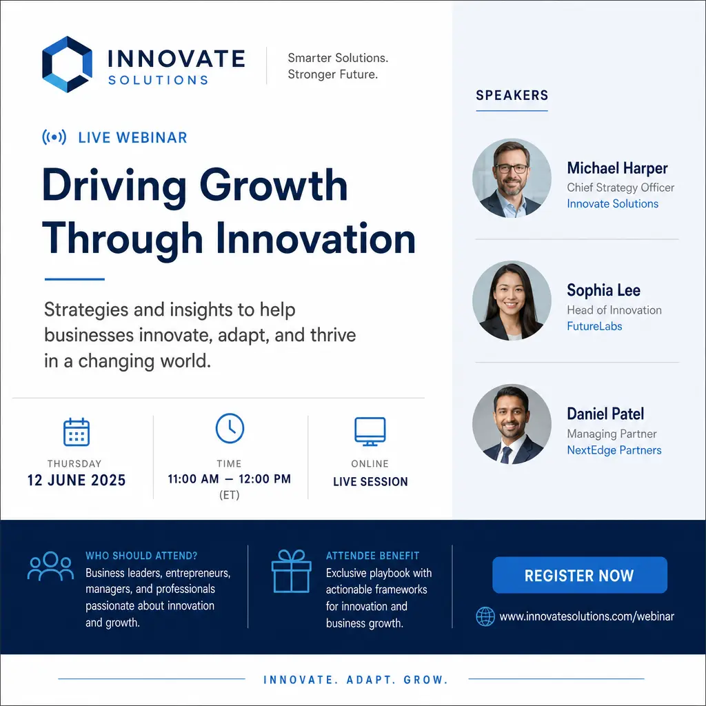 A corporate or business event poster with professional layout, minimal aesthetic, clear branding, and conference/webinar