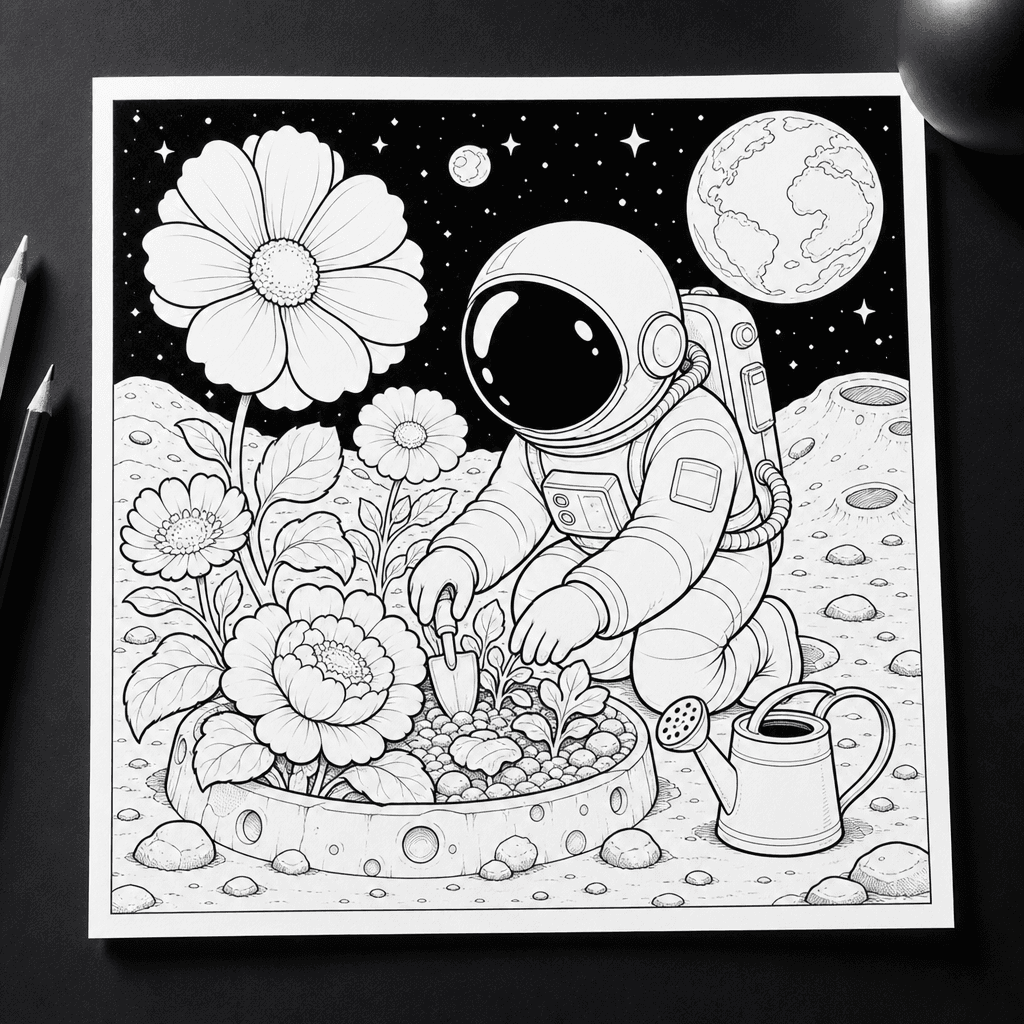 Square coloring page illustration of a friendly astronaut cultivating oversized flowers on the moon, clean black ink out