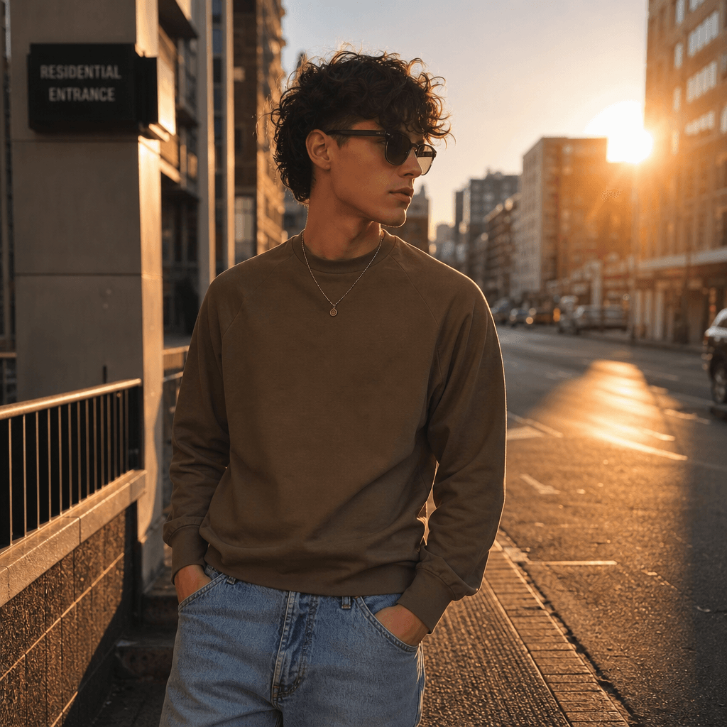 Urban street photoshoot. Young person in stylish casual wear, street background with buildings and natural light. Profes