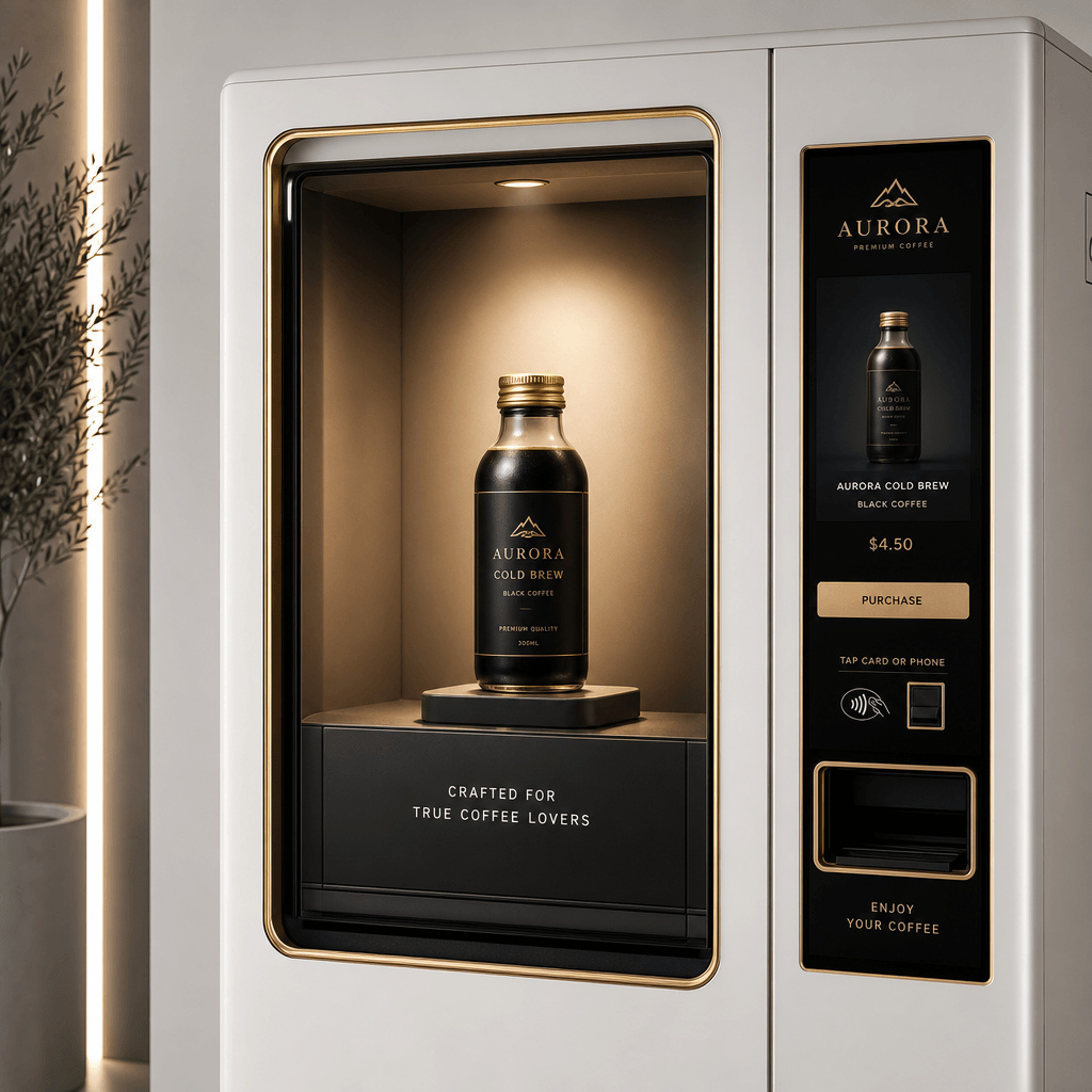 Premium coffee bottle displayed in luxury modern vending machine, minimalist white space, accent lighting on product, so