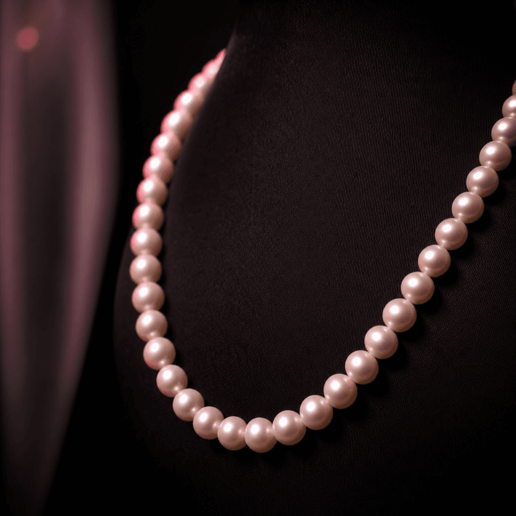 Pearl necklace draped gracefully, soft warm lighting with pink highlights, luxury styling, dark minimalist background, p