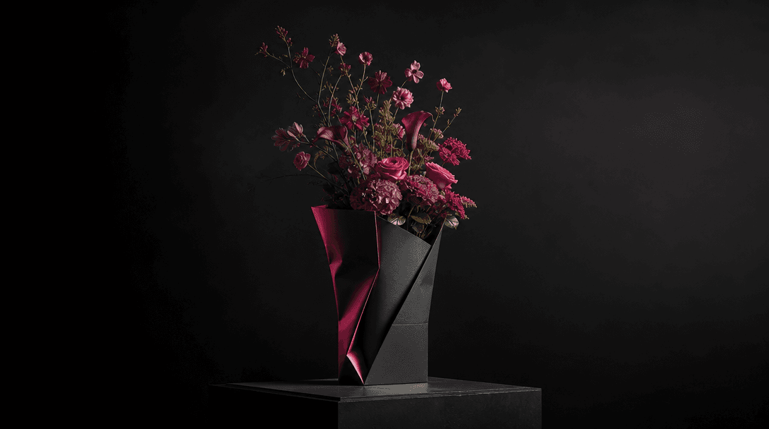 A sculptural florist bag standing alone on a black studio plinth as flowers appear to grow upward from its opening, tran