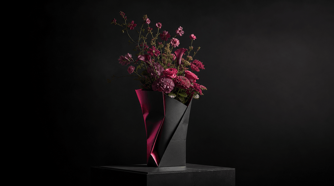 A sculptural florist bag standing alone on a black studio plinth as flowers appear to grow upward from its opening, tran