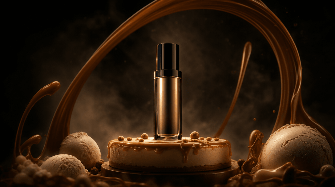 A single beauty product illuminated on a circular dessert-like pedestal, framed by sweeping caramel arcs and soft ice cr