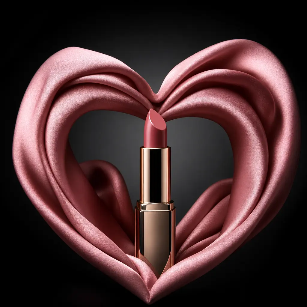 A polished lipstick tube standing within blush-pink silk folded into a sculptural heart. Deep charcoal background, drama