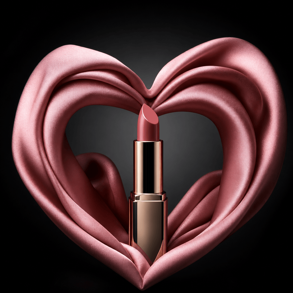 A polished lipstick tube standing within blush-pink silk folded into a sculptural heart. Deep charcoal background, drama