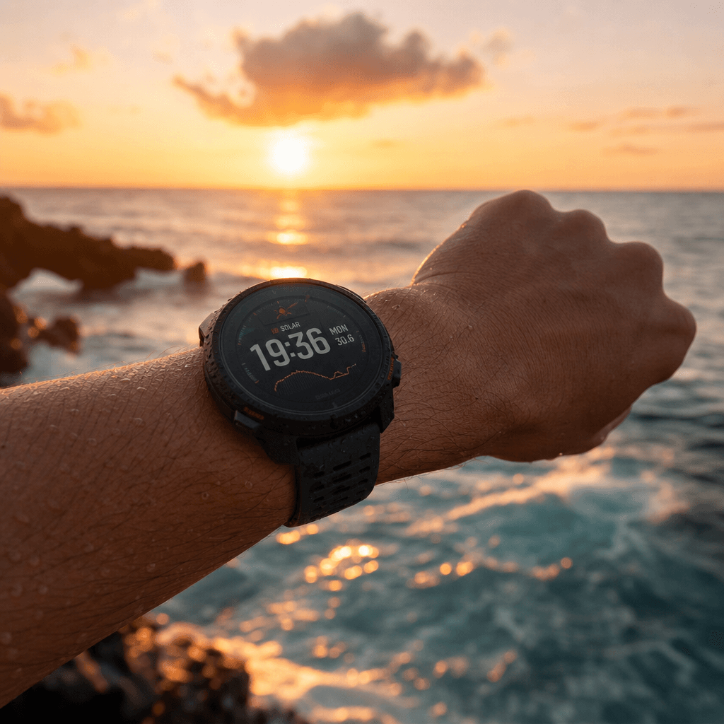 Modern sports watch on wrist against sunset ocean backdrop, lifestyle action shot, cinematic color grading, professional