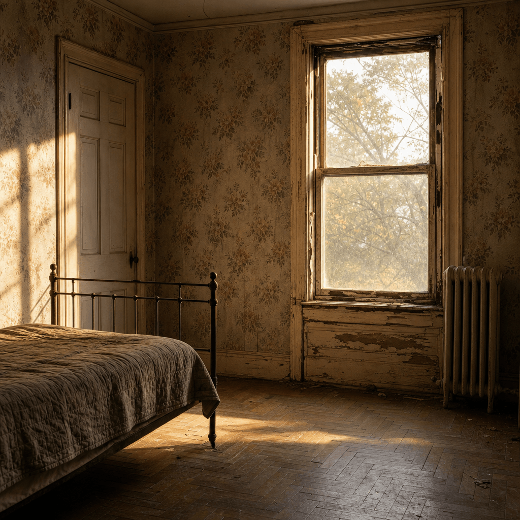 AI-reconstructed pre-renovation bedroom interior — faded floral wallpaper, cast-iron radiator, aged parquet floorboards