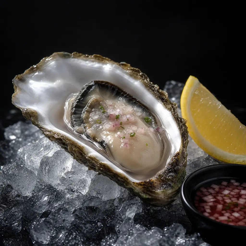 Fresh oyster on crushed ice with mignonette and sea salt, pearl-white shell catching dramatic light. Lemon wedge beside.