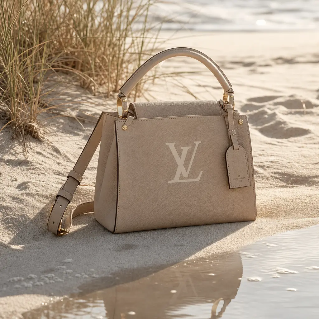 A luxury designer handbag positioned on light-colored beach sand with beach grass and subtle water reflections nearby. S