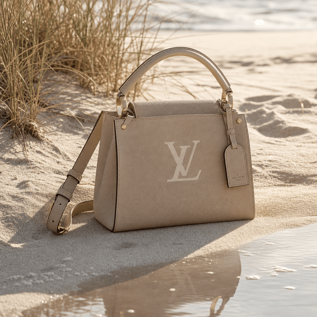 A luxury designer handbag positioned on light-colored beach sand with beach grass and subtle water reflections nearby. S