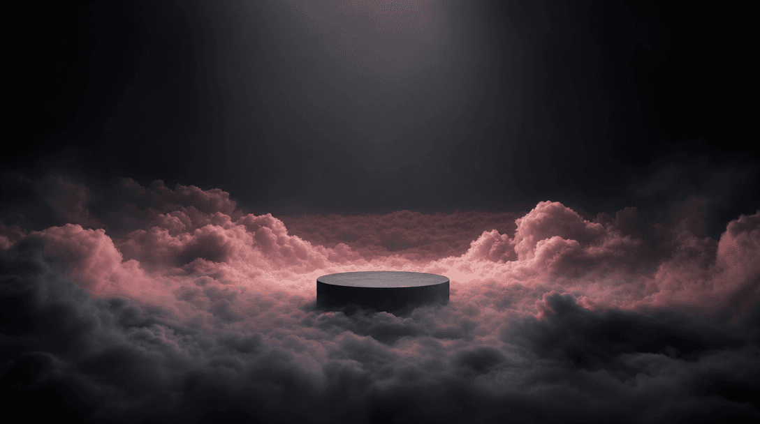 A small matte product pedestal emerging from an immense field of rolling clouds in a dark soundstage, surreal dream-worl