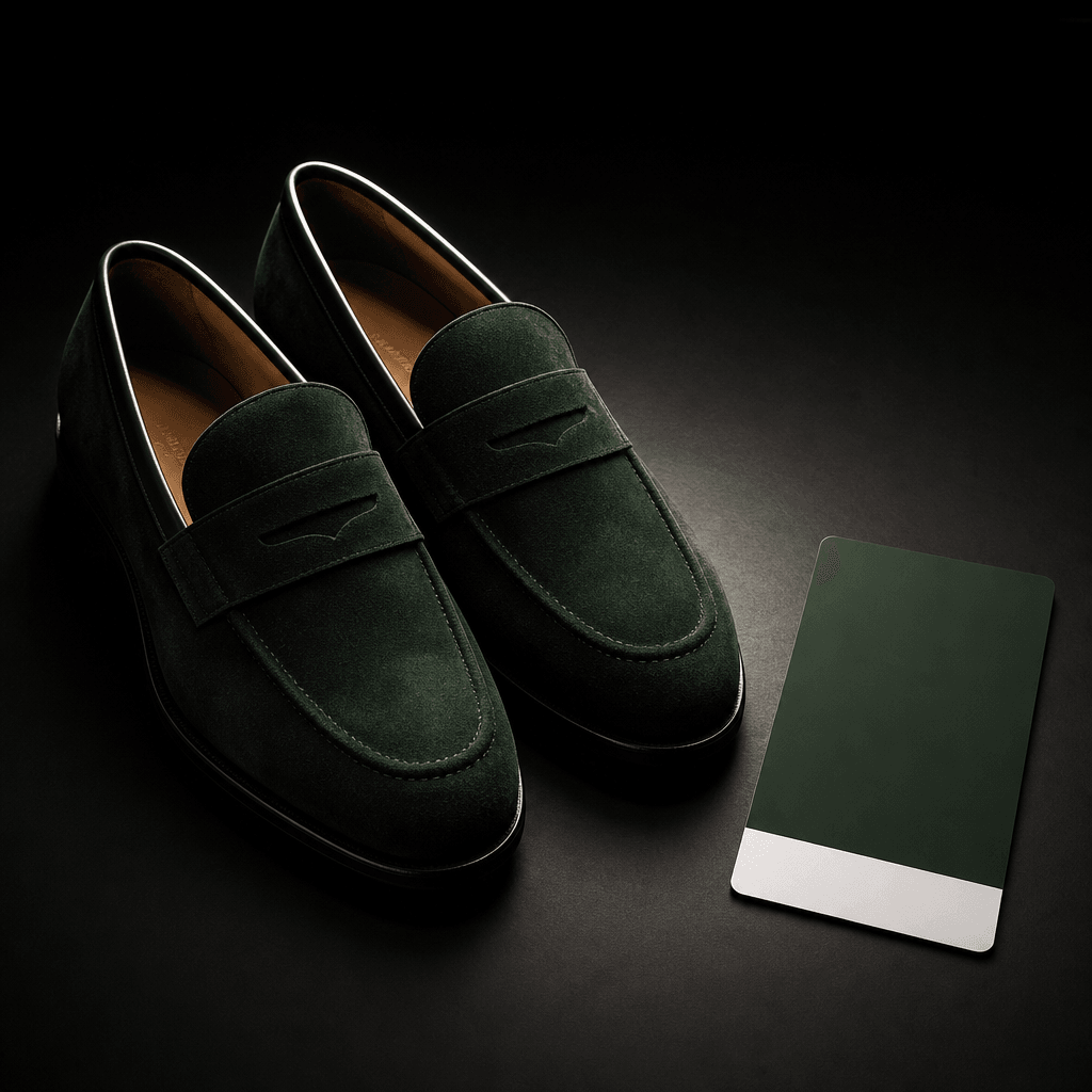 Dark editorial product shot of a pair of forest-green suede loafers placed on a near-black surface. A Pantone Deep Fores
