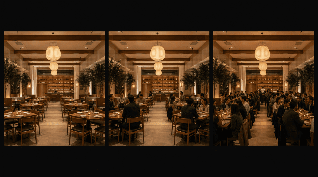 Three identical restaurant interior compositions shown side by side at different occupancy levels — the first empty, the