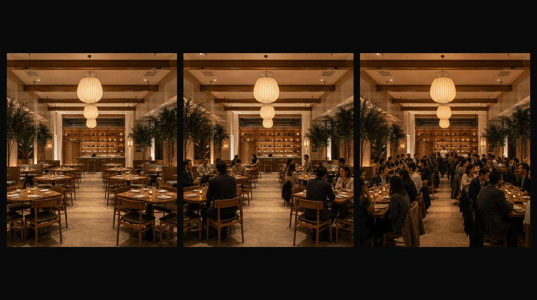 Three identical restaurant interior compositions shown side by side at different occupancy levels — the first empty, the